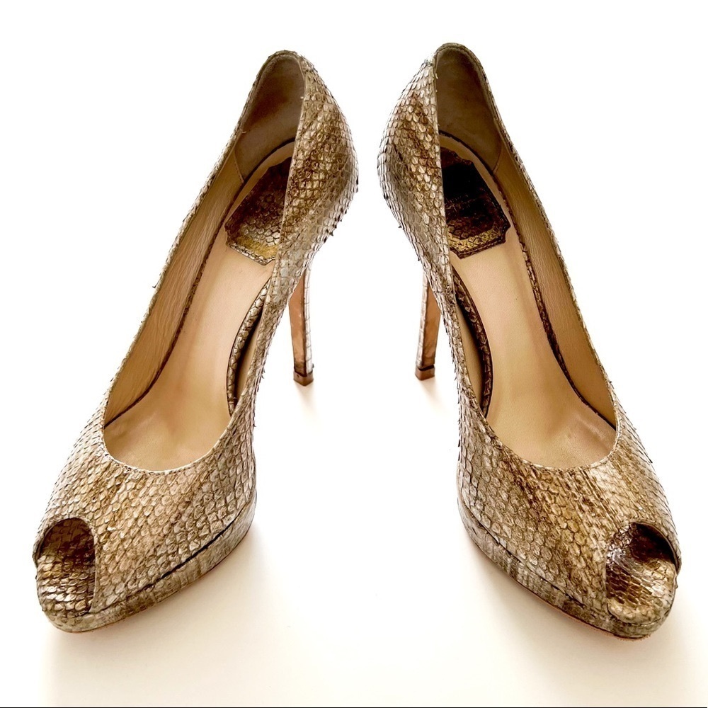 Christian Dior Platinum Snake Skin Peep-toe Heels 36 - Picture 2 of 16